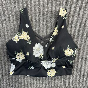 Fabletics Black Floral V-Neck Strappy Sports Bra Crop Top Size XS RN94468